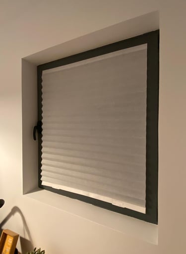 Ventana con cortina plisada interior.