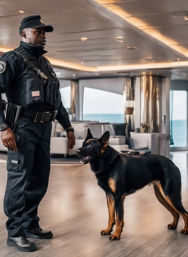 a security officer and his dog standing in a living room for security