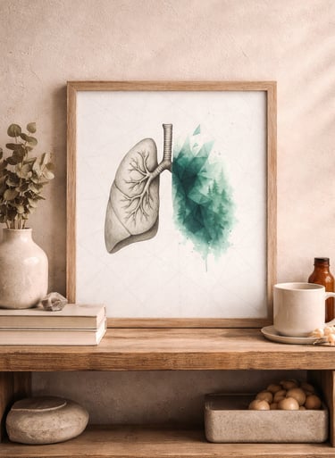 Framed watercolor wall art of human lungs merging into a green geometric forest on a rustic wooden shelf.