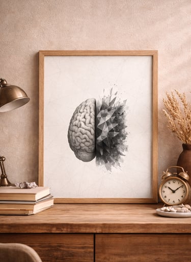 Framed human brain wall art with geometric design on a rustic wooden desk with office decor.