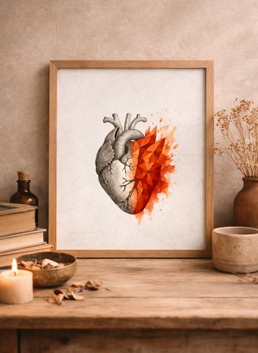 Framed anatomical heart wall art with red geometric watercolor design on a rustic wooden desk.