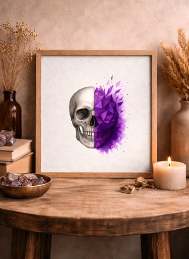 Framed human skull wall art featuring a purple geometric crystal design on a rustic wooden table.