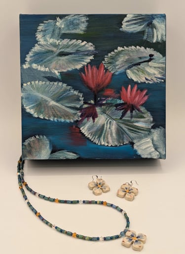  ceramic jewelry, dogwood jewelry, lily pond, magenta, painting of flowers, calm, trend