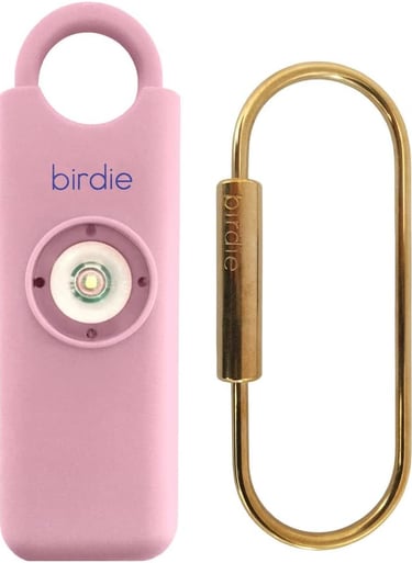 a pink keychain with a gold lock and alarm