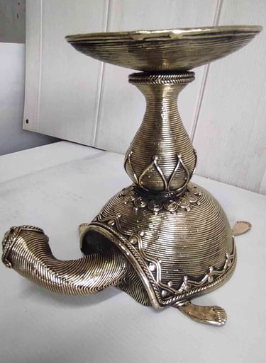 "Handcrafted brass turtle sculpture with back-mounted light holder, left side view-Meant for export"