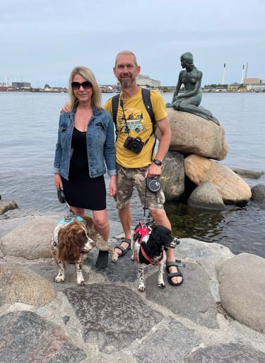Nick and Tracey Billington at the little mermaid sculpture, copenhagen, denmark