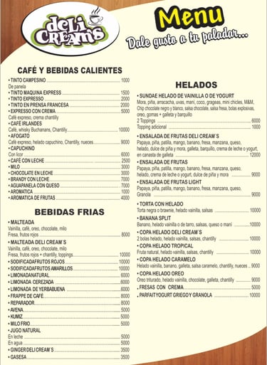 menú cafetería Delicream’s Coffee