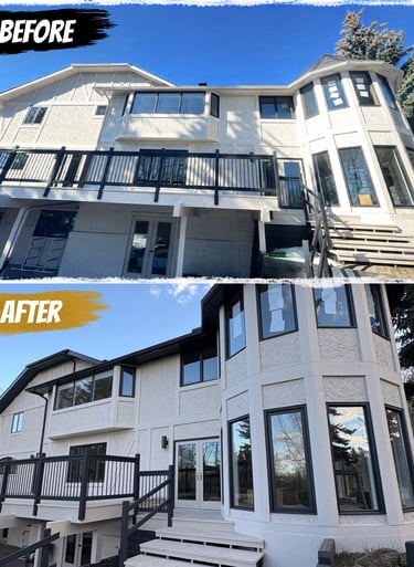 Split before-after: "Before after seamless gutter installation Calgary by EverDrains crew