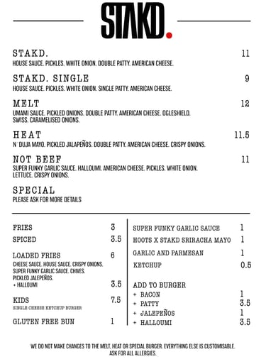 a menu of a restaurant called STAKD. that sells smash burgers, fries and drinks in the UK