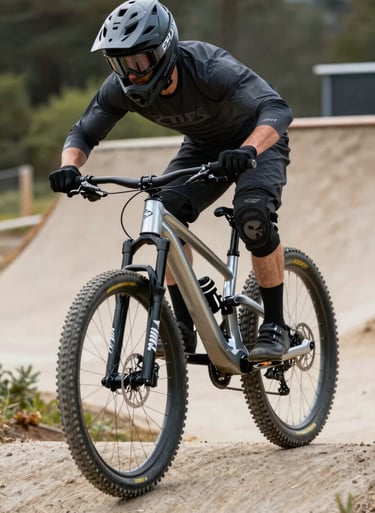Action shot of a mountain biker in a US park, sharp frozen motion, high shutter speed photography, vivid detail in light silver and charcoal tones.