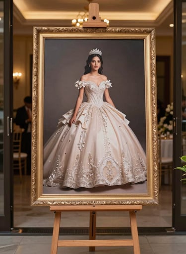 A large, elegant framed portrait of a quinceañera displayed on a wooden easel at the entrance of a South American / Colombian luxury event hall, warm welcoming lights.