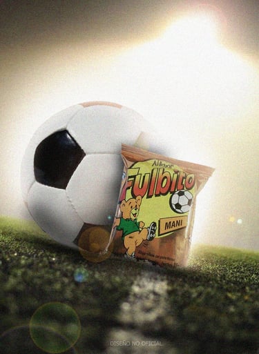 Campo de futbol con pelota y alfajor al costado derecho