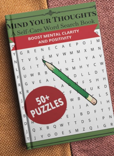 Mind Your Thoughts self-care word search book with a pencil on a textured background.