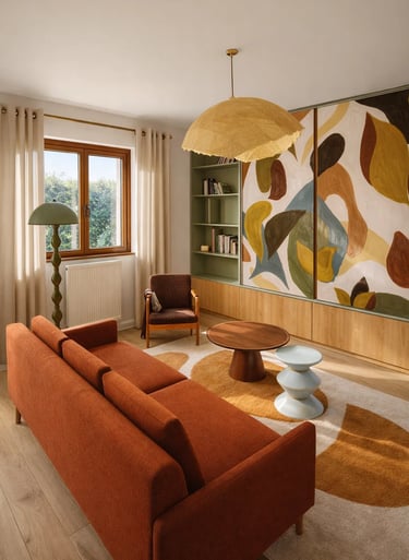 Modern living room featuring a terracotta sofa, abstract wall art, and a paper pendant light.