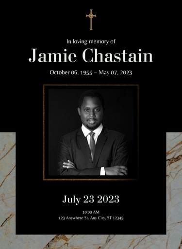 Black and gold memorial poster with portrait and funeral service details.