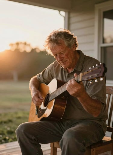 A candid moment of a grandfather teaching a child to play guitar on a porch, drenched in the warm glow of a late afternoon sun. Atmospheric and nostalgic feel with #C06C4C highlights.