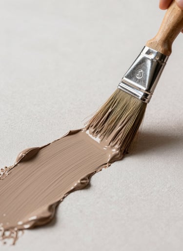 Macro shot of a brush making a broad stroke on a canvas, leaving behind a thick trail of Earthy taupe paint, South American / Argentine studio.