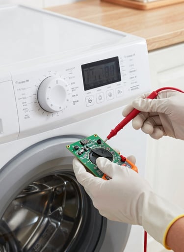 Macro shot of clean, gloved hands testing a digital control board of a modern washing machine with a digital multimeter in a bright kitchen.