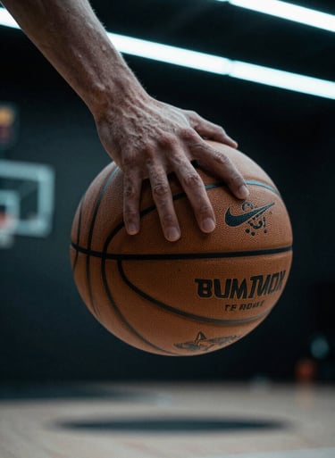 Close-up of a basketball player's hand gripping a ball, illuminated by futuristic pale azure neon lights in a dark, high-tech urban North American court. The mood is immersive and high-precision.