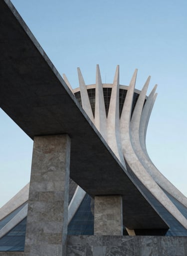 An abstract photography shot focusing on geometric shapes of a modern building in Brasília. The composition uses dark grey shadows and light grey stone, with a clear baby blue sky in the background. Minimalist and clean style.