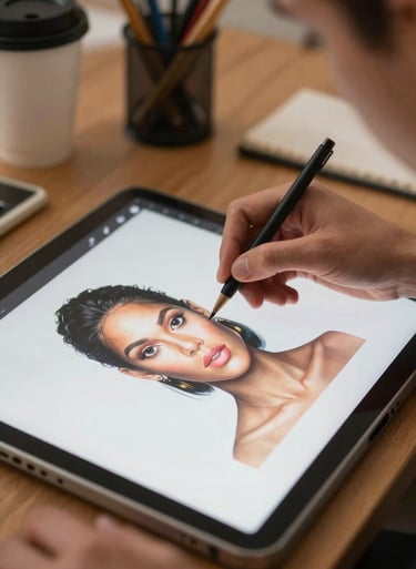 A close-up photograph of an artist's hands working on a digital portrait in a vibrant North American / US co-working space.