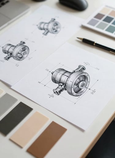 A collection of technical drawings and material samples on a designer's desk. Clean, organized, professional, reflecting precision and creative vision.