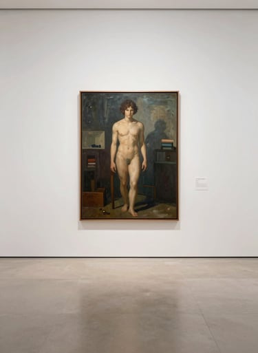A solitary piece of art displayed in a modern gallery with white walls and light beige floors, emphasizing an uncluttered and sophisticated North American exhibition style.