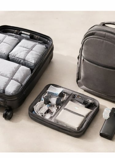 Open carry-on suitcase with packing cubes next to a grey travel backpack and tech organizer.