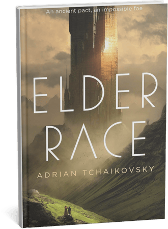 Cover of Elder Race by Adrian Tchaikovsky featuring a tall futuristic tower in a misty mountain landscape.