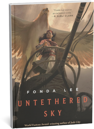 Book cover of Untethered Sky by Fonda Lee featuring a girl riding a chariot beneath a giant hawk.