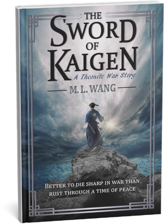 The Sword of Kaigen book cover by M.L. Wang featuring a samurai warrior on a cliff overlooking the sea.