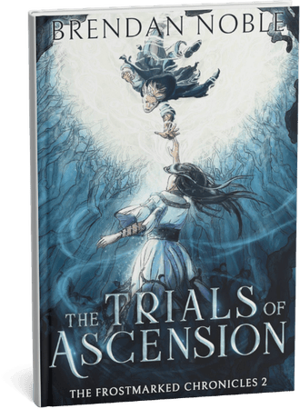 Fantasy novel cover for The Trials of Ascension by Brendan Noble featuring two characters reaching for each other.