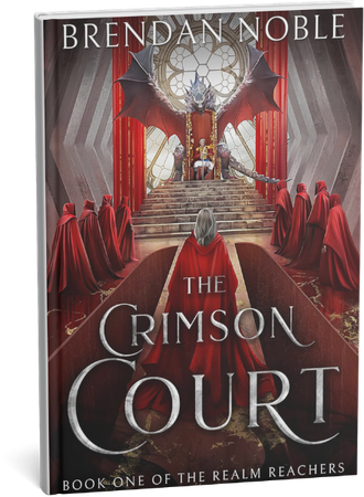 The Crimson Court fantasy novel cover by Brendan Noble featuring a dragon and figures in red robes.