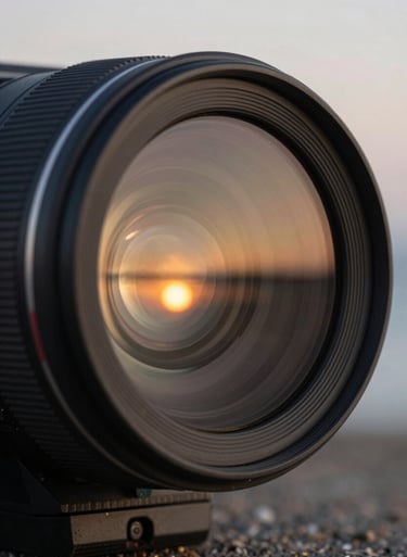 Close-up of a high-end camera lens capturing a sunset on a North American / US coastline, muted champagne gold light reflecting off the glass, deep obsidian black hardware, cinematic focus.