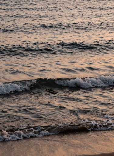 A serene photograph of the Mediterranean sea at sunset, with waves gently rolling onto a sandy shore, emphasizing the organic warm beige and ebony tones of the water.