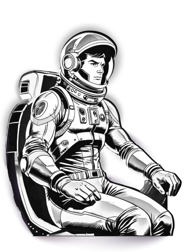 Monochromatic illustration of an astronaut in a futuristic spacesuit seated against a dark background, perfect for sci-fi