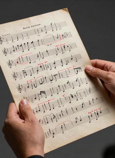 A close-up of a singer's hands holding an aged musical score with red and black annotations, set against a dark gray background in a North American studio.