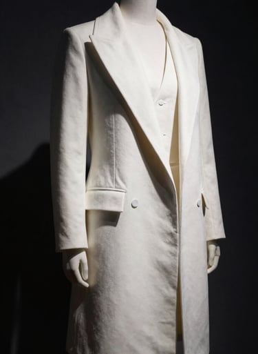 High-fashion photography of a contemporary garment with sharp geometric lines, displayed as a sculpture. Deep shadows and stark white lighting in a dark room.