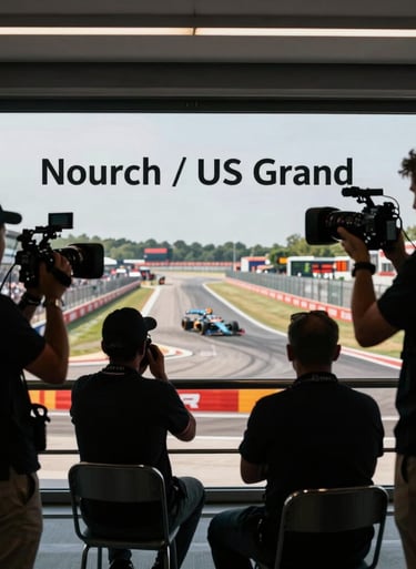 View of the circuit through the media center window, journalists and cameras in silhouette, North American / US grand prix event, journalistic style.