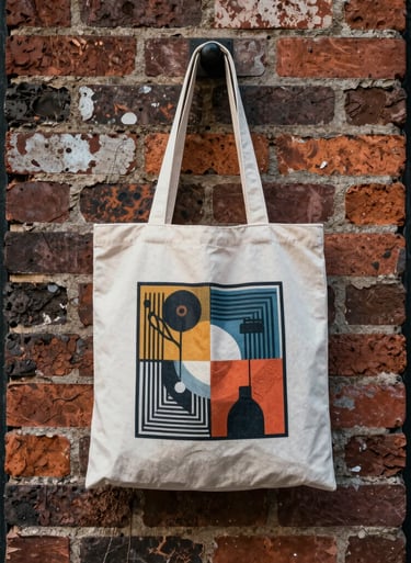A high-contrast photo of an artistic tote bag hanging on a weathered brick wall, edgy indie aesthetic, North American / US city street.