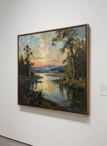 A professional-looking gallery setting in a North American venue with a single landscape painting displayed on a clean white wall.