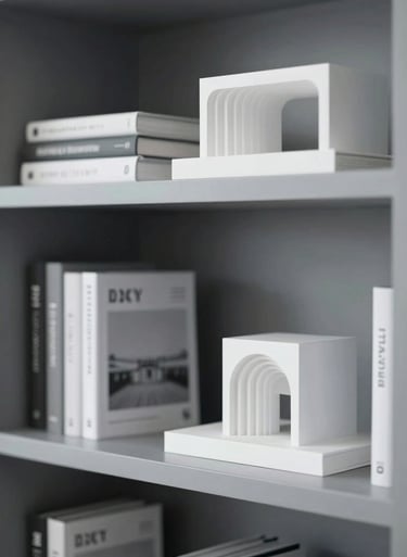 A curated collection of design monographs and white architectural models on a grey shelf, soft side lighting, sophisticated atmosphere, #8D9FB5 palette.