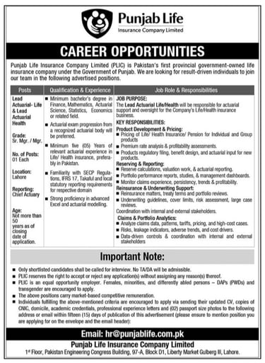 Punjab Life Insurance Company Limited Lahore Jobs May 2026 advertisement for Lead Actuarial Life and