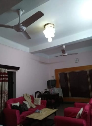 a living room with a ceiling fan and a ceiling fan
