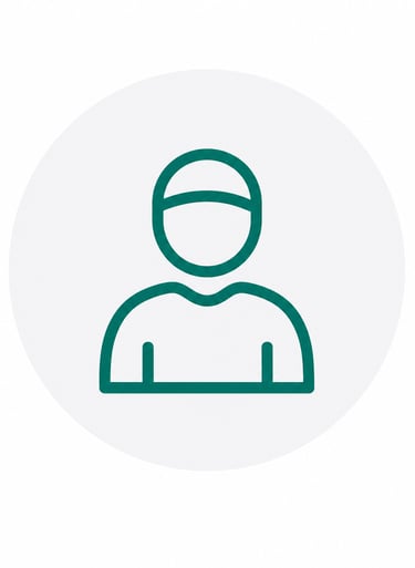 Minimalist teal profile icon of a person wearing a cap on a white circular background.