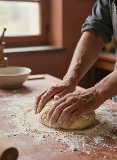 Detail shot of hands kneading dough in a rustic Portuguese kitchen, natural window lighting, warm terracotta textures, authentic cinematic atmosphere.