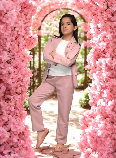 Young girl posing under a cherry blossom floral archway. Milestone photography