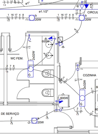 Detalhe em planta de projeto elétrico de uma cozinha e banheiro