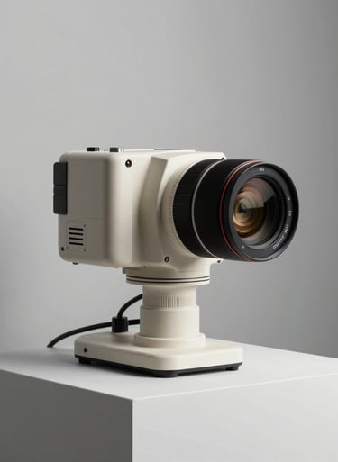 Clean product photography of professional equipment on a white pedestal, minimalist studio background, soft shadows, off-white and light gray tones.