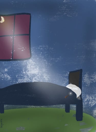 Illustration d’une chambre sombre avec un lit d’enfant et une petite souris des dents cachée sous la couverture